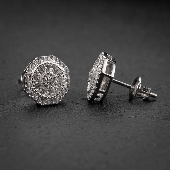 Men's White Gold Plated 925 Sterling Iced Cz Octagonal Shaped Stud Earrings - Picture 3 of 5